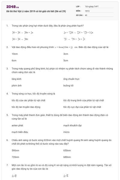 Đề thi thử Vật Lí năm 2019 có lời giải chi tiết (Đề số 29)