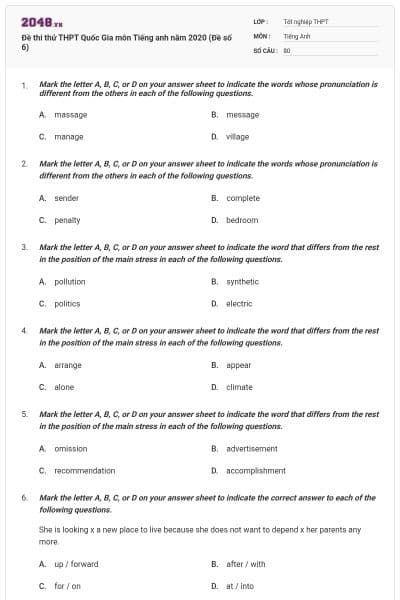 Đề thi thử THPT Quốc Gia môn Tiếng anh năm 2020 (Đề số 6)