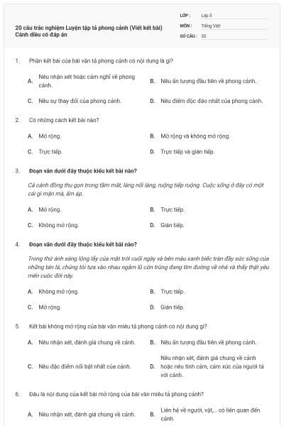 20 câu trắc nghiệm Luyện tập tả phong cảnh (Viết kết bài) Cánh diều có đáp án