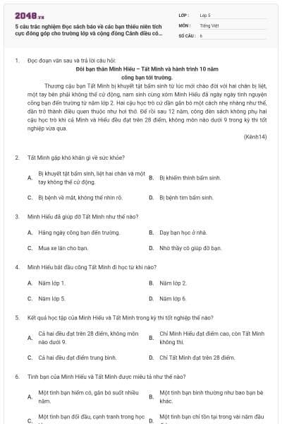 5 câu trắc nghiệm Đọc sách báo về các bạn thiếu niên tích cực đóng góp cho trường lớp và cộng đồng Cánh diều có đáp án