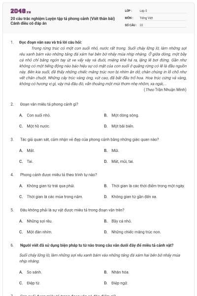 20 câu trắc nghiệm Luyện tập tả phong cảnh (Viết thân bài) Cánh diều có đáp án