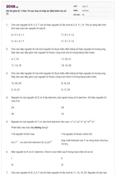 Đề thi giữa kì 1 Hóa 10 cực hay có đáp án (Bài kiểm tra số 2)