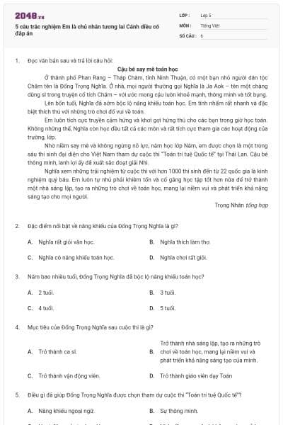 5 câu trắc nghiệm Em là chủ nhân tương lai Cánh diều có đáp án