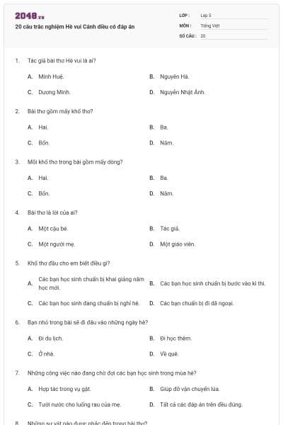 20 câu trắc nghiệm Hè vui Cánh diều có đáp án