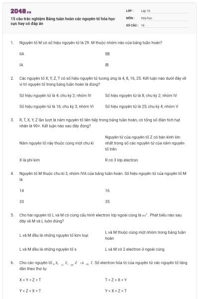 15 câu trắc nghiệm Bảng tuần hoàn các nguyên tố hóa học cực hay có đáp án
