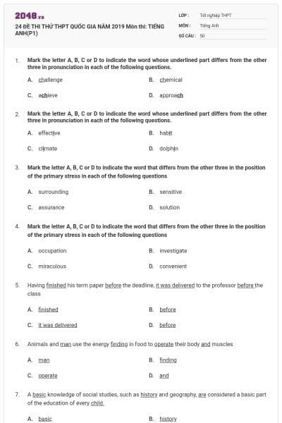 24 ĐỀ THI THỬ THPT QUỐC GIA NĂM 2019 Môn thi: TIẾNG ANH(P1)