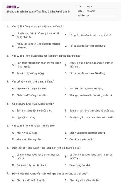 20 câu trắc nghiệm Vua Lý Thái Tông Cánh diều có đáp án