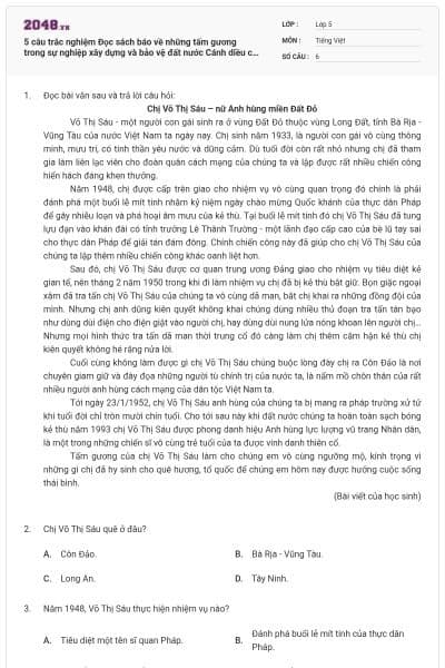 5 câu trắc nghiệm Đọc sách báo về những tấm gương trong sự nghiệp xây dựng và bảo vệ đất nước Cánh diều có đáp án