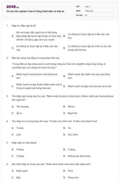 20 câu trắc nghiệm Tuần lễ Vàng Cánh diều có đáp án