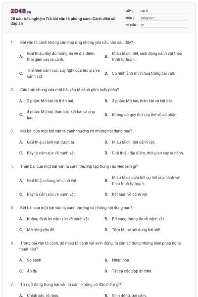 20 câu trắc nghiệm Trả bài văn tả phong cảnh Cánh diều có đáp án