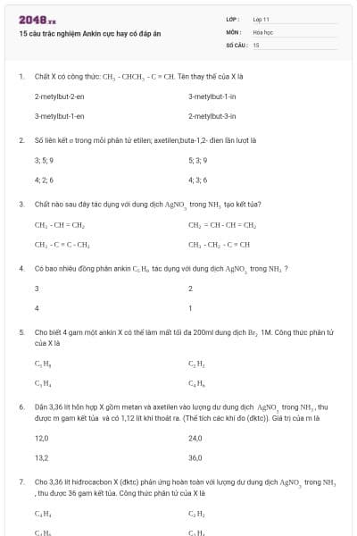 15 câu trắc nghiệm Ankin cực hay có đáp án