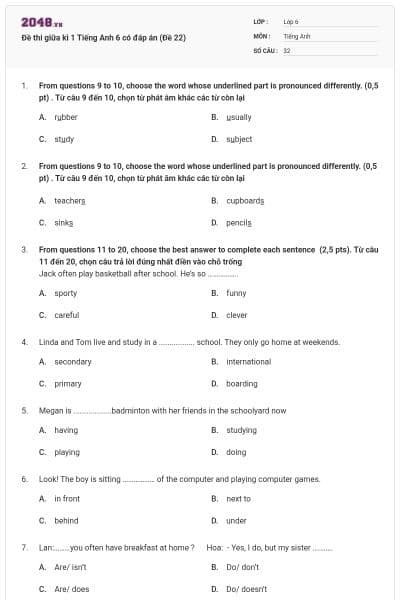 Đề thi giữa kì 1 Tiếng Anh 6 có đáp án (Đề 22)