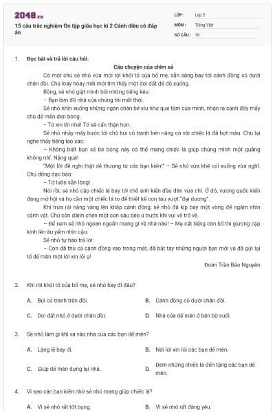 15 câu trắc nghiệm Ôn tập giữa học kì 2 Cánh diều có đáp án