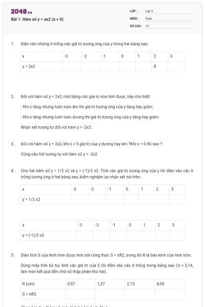 Bài 1: Hàm số y = ax2 (a ≠ 0)