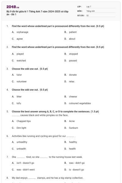 Bộ 9 đề thi giữa kì 1 Tiếng Anh 7 năm 2024-2025 có đáp án - Đề 1