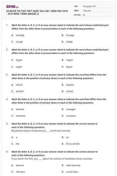 20 BỘ ĐỀ THI THỬ THPT QUỐC GIA LẦN 1 NĂM HỌC 2018 - 2019 MÔN: TIẾNG ANH(ĐỀ 2)