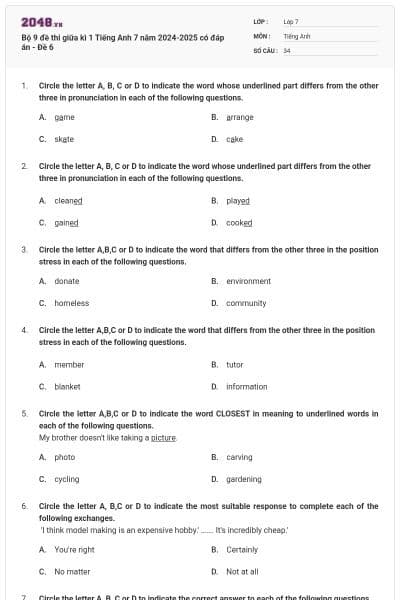 Bộ 9 đề thi giữa kì 1 Tiếng Anh 7 năm 2024-2025 có đáp án - Đề 6