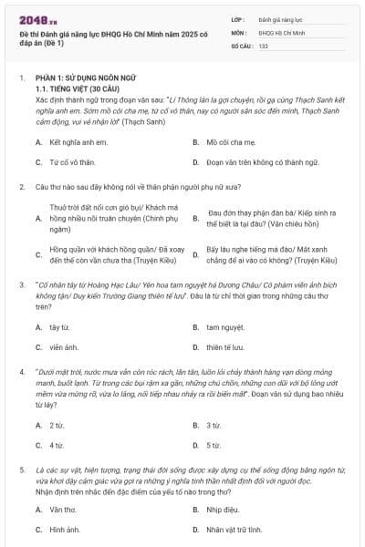 Đề thi Đánh giá năng lực ĐHQG Hồ Chí Minh năm 2025 có đáp án (Đề 1)