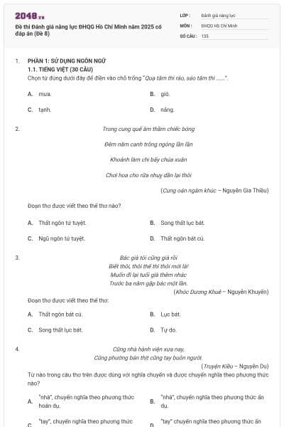 Đề thi Đánh giá năng lực ĐHQG Hồ Chí Minh năm 2025 có đáp án (Đề 8)