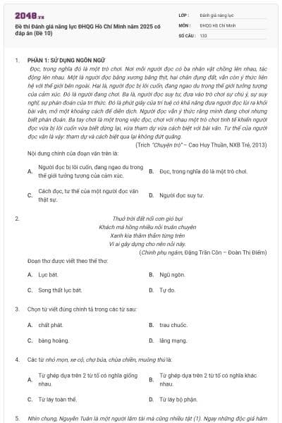 Đề thi Đánh giá năng lực ĐHQG Hồ Chí Minh năm 2025 có đáp án (Đề 10)
