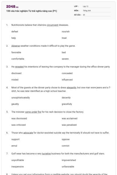 100 câu trắc nghiệm Từ trái nghĩa nâng cao (P1)