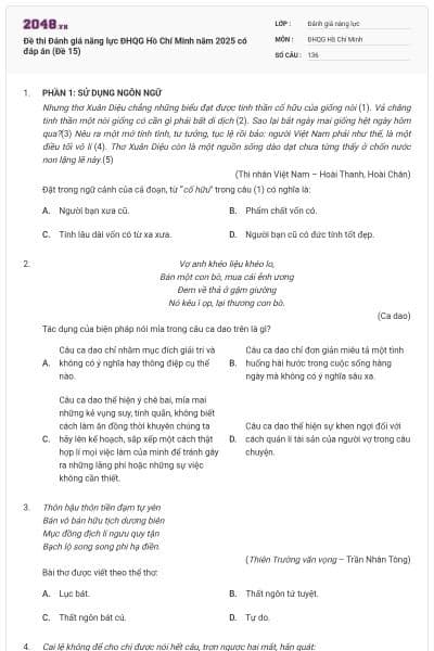 Đề thi Đánh giá năng lực ĐHQG Hồ Chí Minh năm 2025 có đáp án (Đề 15)