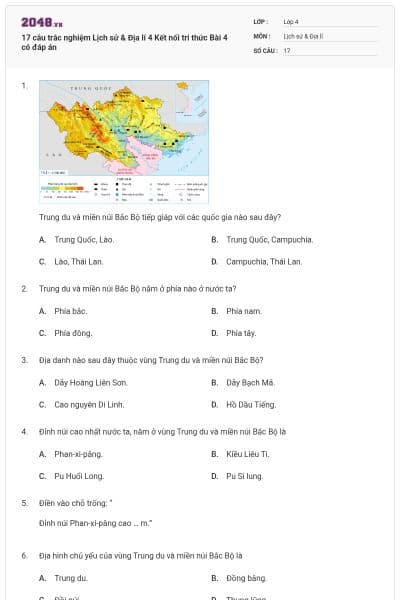 17 câu trắc nghiệm Lịch sử & Địa lí 4 Kết nối tri thức Bài 4 có đáp án