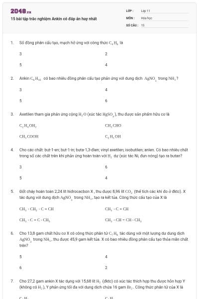 15 bài tập trắc nghiệm Ankin có đáp án hay nhất