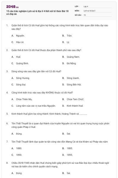 15 câu trắc nghiệm Lịch sử & Địa lí 4 Kết nối tri thức Bài 18 có đáp án