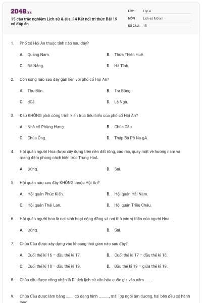 15 câu trắc nghiệm Lịch sử & Địa lí 4 Kết nối tri thức Bài 19 có đáp án