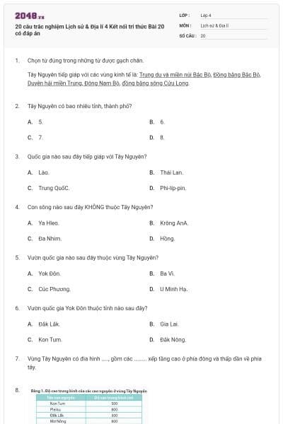 20 câu trắc nghiệm Lịch sử & Địa lí 4 Kết nối tri thức Bài 20 có đáp án