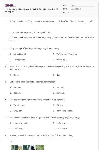15 câu trắc nghiệm Lịch sử & Địa lí 4 Kết nối tri thức Bài 23 có đáp án