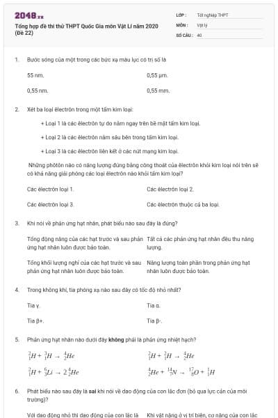 Tổng hợp đề thi thử THPT Quốc Gia môn Vật Lí năm 2020 (Đề 22)