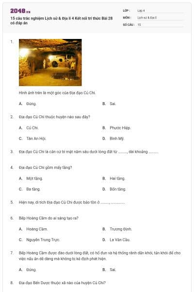 15 câu trắc nghiệm Lịch sử & Địa lí 4 Kết nối tri thức Bài 28 có đáp án