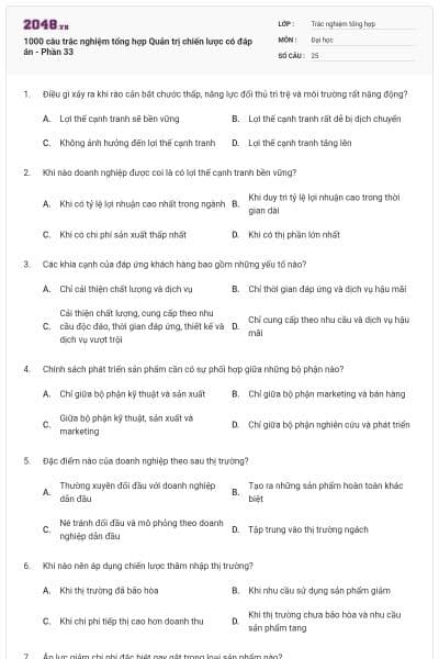1000 câu trắc nghiệm tổng hợp Quản trị chiến lược có đáp án - Phần 33