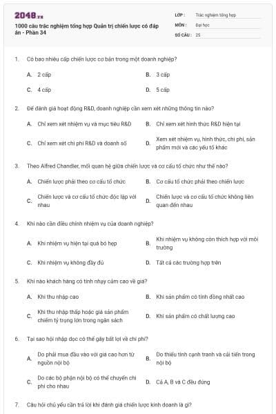 1000 câu trắc nghiệm tổng hợp Quản trị chiến lược có đáp án - Phần 34