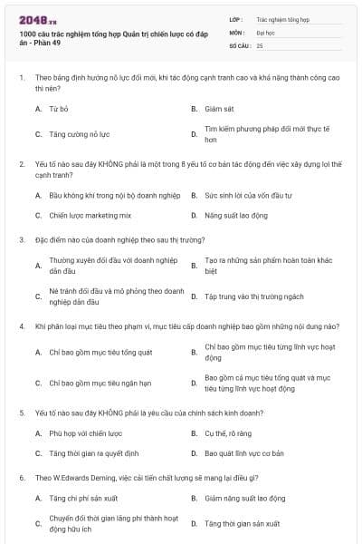 1000 câu trắc nghiệm tổng hợp Quản trị chiến lược có đáp án - Phần 49