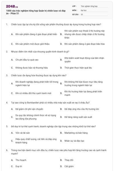 1000 câu trắc nghiệm tổng hợp Quản trị chiến lược có đáp án - Phần 51