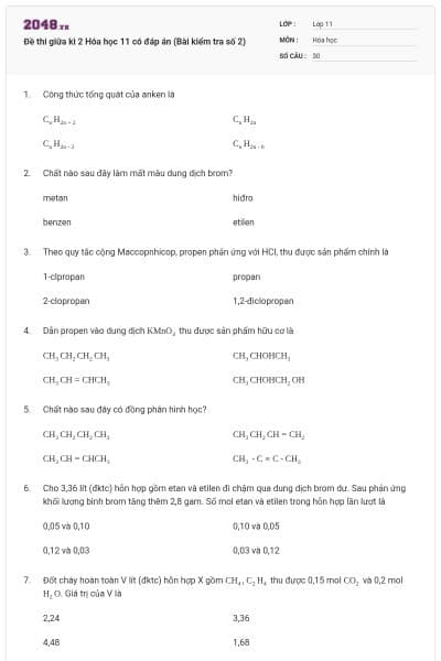 Đề thi giữa kì 2 Hóa học 11 có đáp án (Bài kiểm tra số 2)