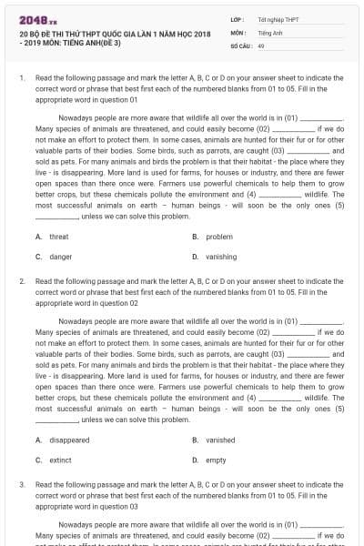 20 BỘ ĐỀ THI THỬ THPT QUỐC GIA LẦN 1 NĂM HỌC 2018 - 2019 MÔN: TIẾNG ANH(ĐỀ 3)