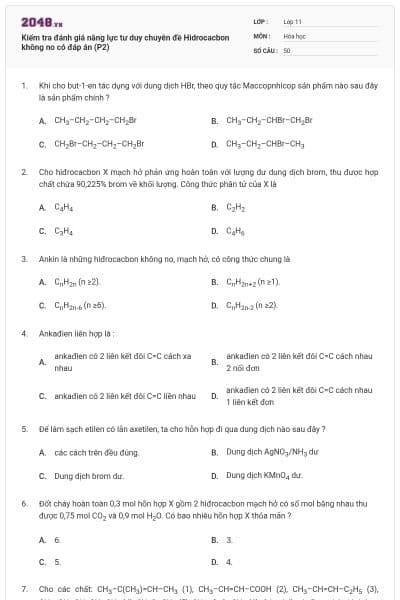 Kiểm tra đánh giá năng lực tư duy chuyên đề Hidrocacbon không no có đáp án (P2)
