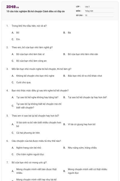 10 câu trắc nghiệm Bà kể chuyện Cánh diều có đáp án