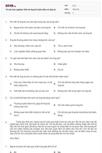 10 câu trắc nghiệm Viết về ông bà Cánh diều có đáp án