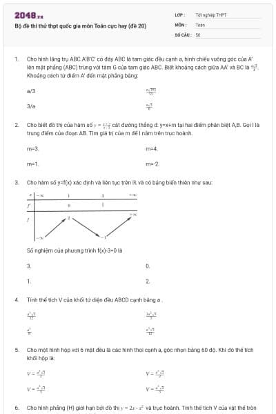Bộ đề thi thử thpt quốc gia môn Toán cực hay (đề 20)
