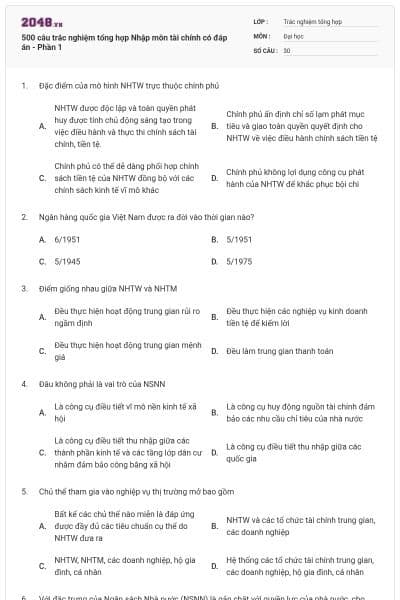 500 câu trắc nghiệm tổng hợp Nhập môn tài chính có đáp án - Phần 1