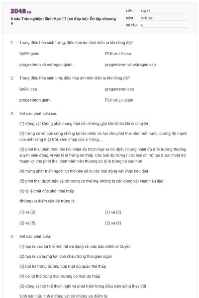 6 câu Trắc nghiệm Sinh Học 11 (có đáp án): Ôn tập chương 4