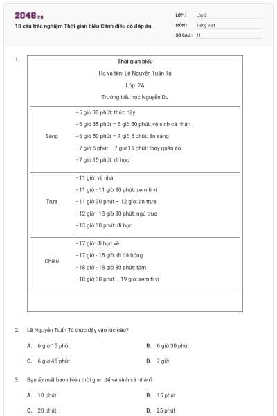 10 câu trắc nghiệm Thời gian biểu Cánh diều có đáp án