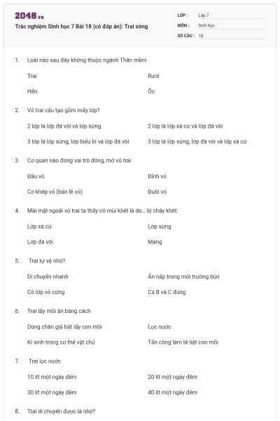 Trắc nghiệm Sinh học 7 Bài 18 (có đáp án): Trai sông