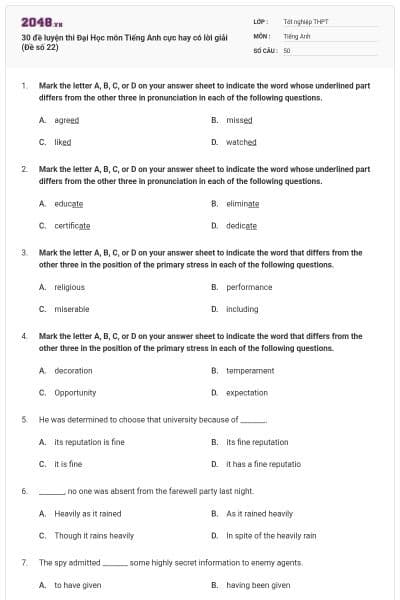30 đề luyện thi Đại Học môn Tiếng Anh cực hay có lời giải (Đề số 22)