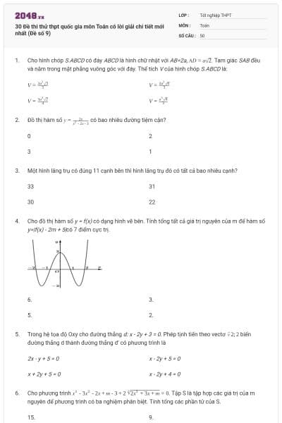 30 Đề thi thử thpt quốc gia môn Toán có lời giải chi tiết mới nhất (Đề số 9)